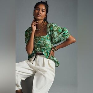 Anthropologie Nikasha Babydoll Poplin Blouse Puff Sleeve Green Floral